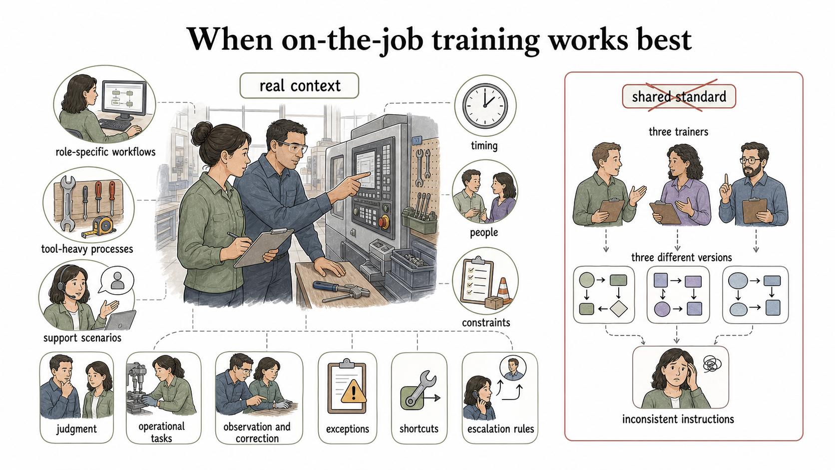 OJT is strongest when the task depends on real context, but it needs a shared standard to avoid inconsistent instructions.