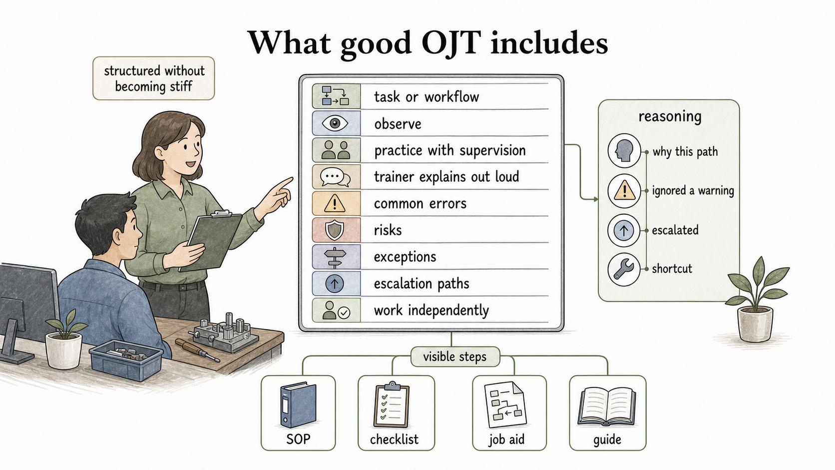 Good OJT makes the trainer's reasoning visible, not just the task steps.