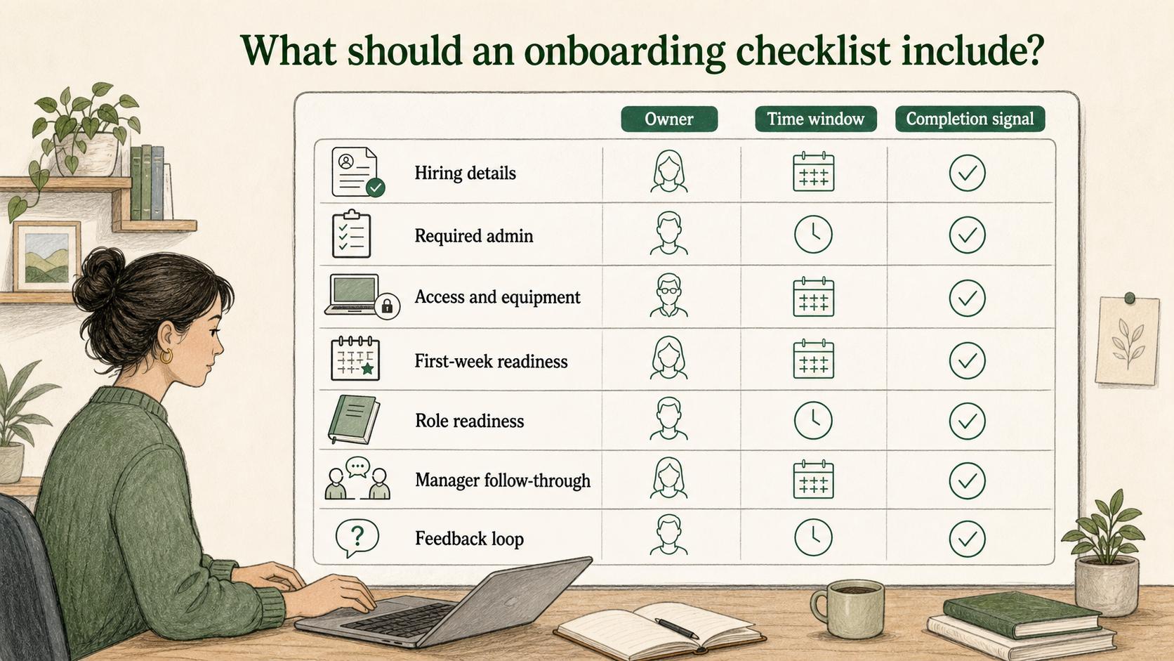 A useful onboarding checklist gives every task a clear owner, time window, and completion signal tied to real onboarding risks.