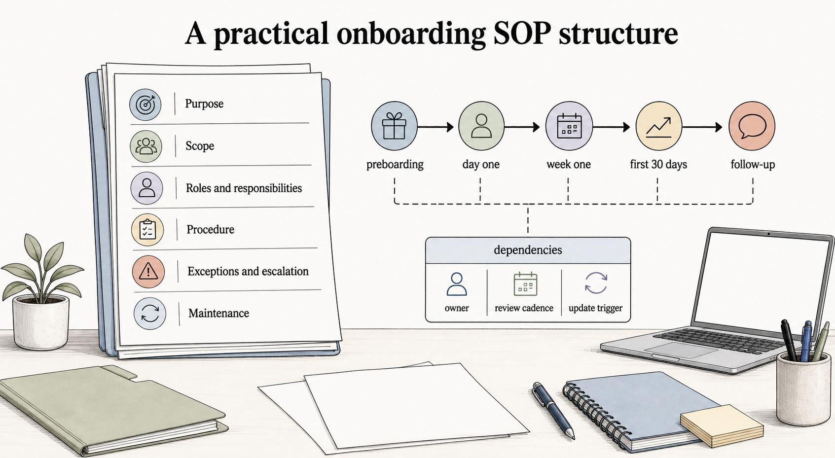 A practical onboarding SOP structure includes purpose, scope, roles, procedure, exceptions, and maintenance.