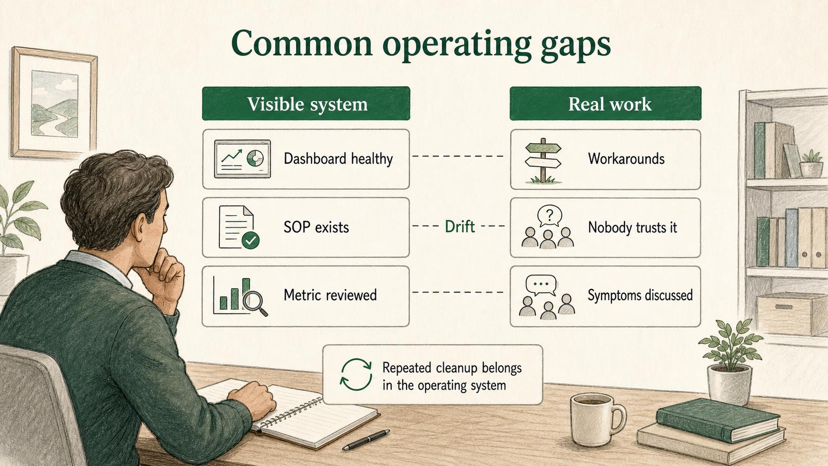 Operating gaps appear when formal standards look healthy but real work relies on workarounds.