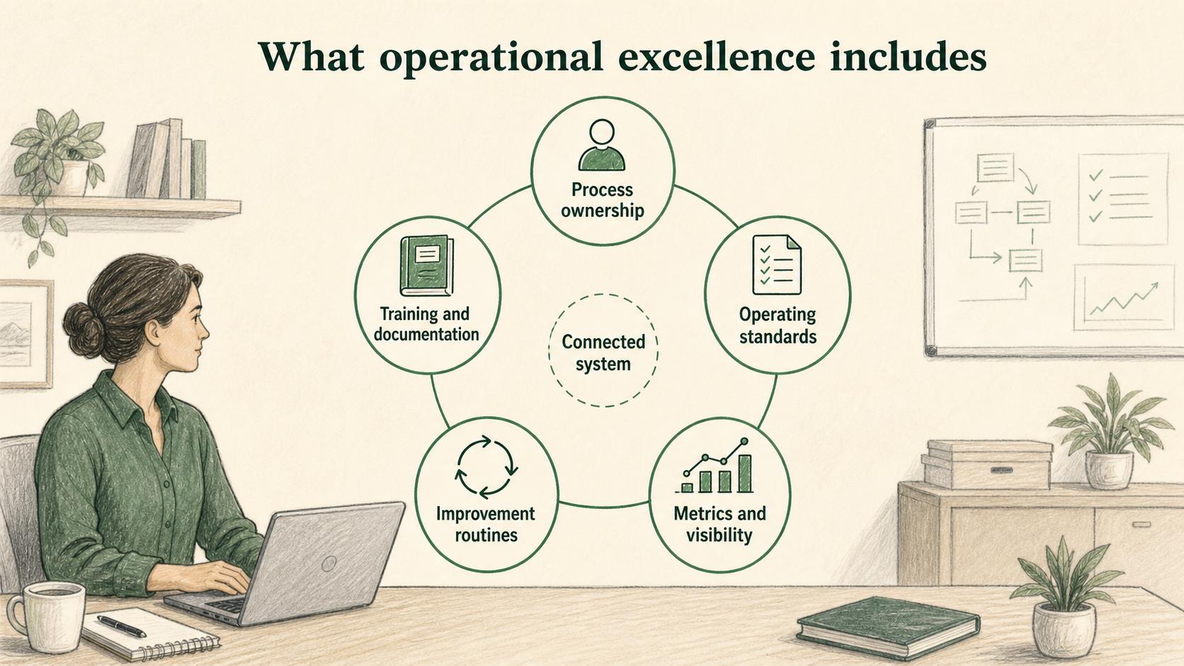 Operational excellence connects ownership, standards, visibility, improvement routines, and documentation.