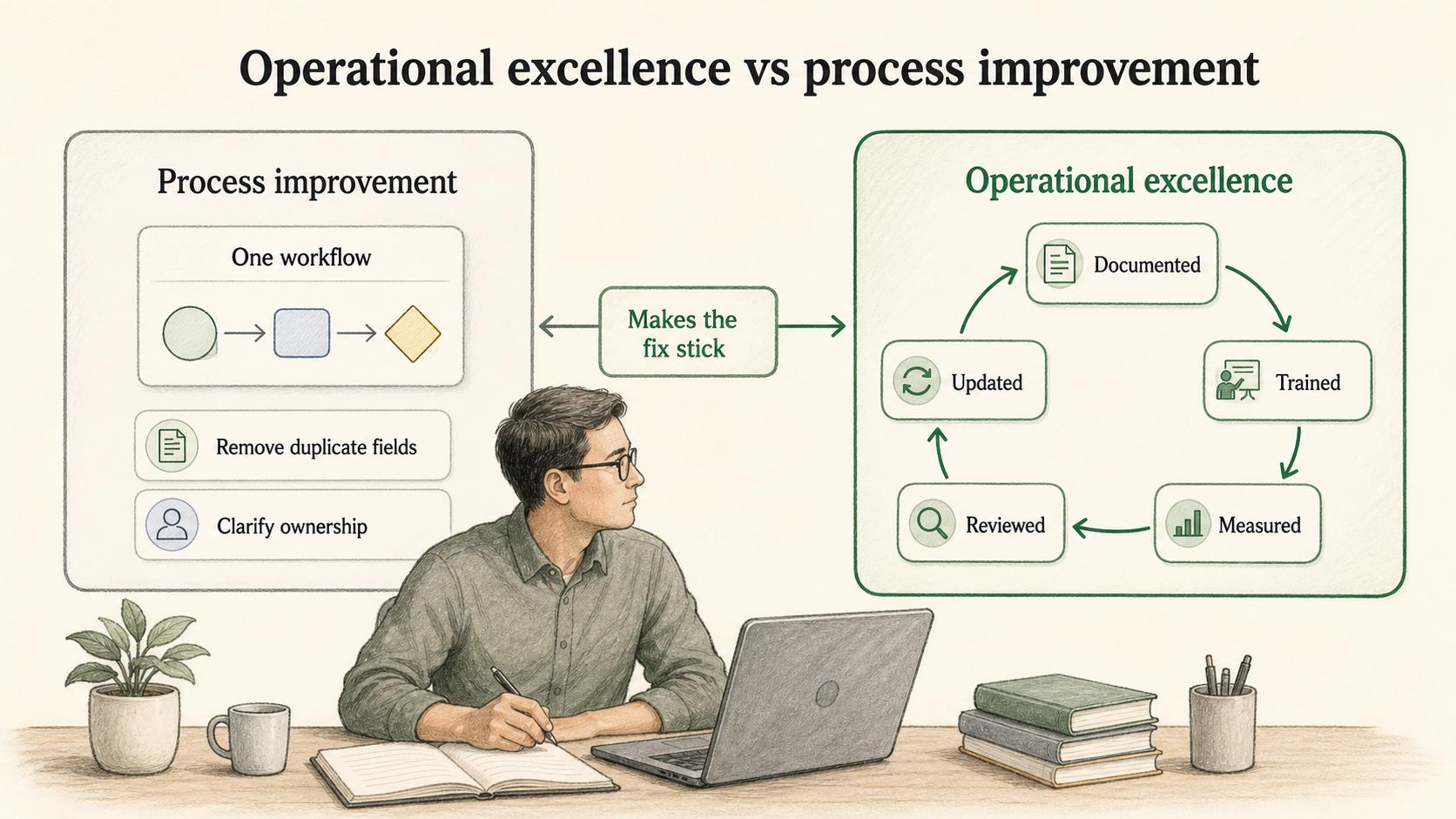 Process improvement fixes one workflow while operational excellence makes better ways of working repeatable.