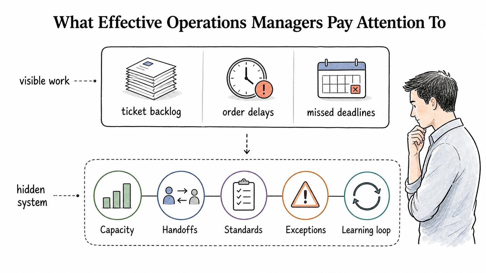 Operations management system signals include capacity, handoffs, standards, exceptions, and a learning loop.