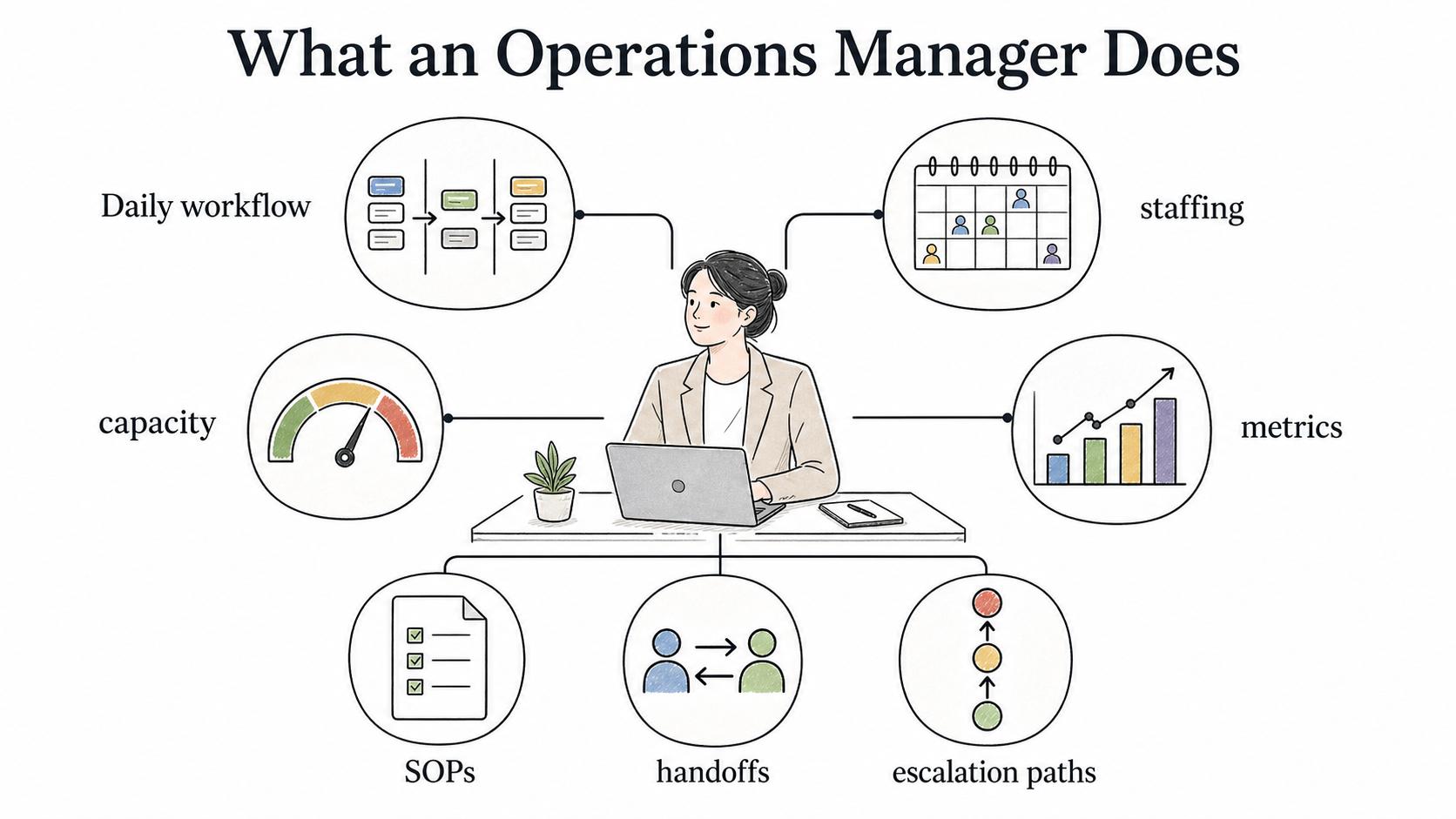 Operations manager responsibilities connect workflow, staffing, capacity, metrics, SOPs, handoffs, and escalation paths.