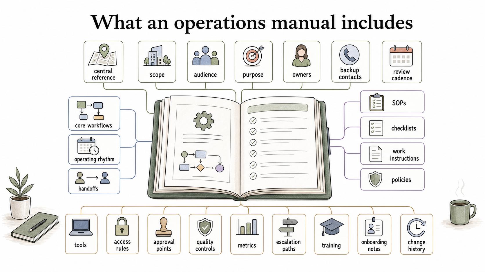 An operations manual connects owners, workflows, tools, controls, training, and escalation paths.