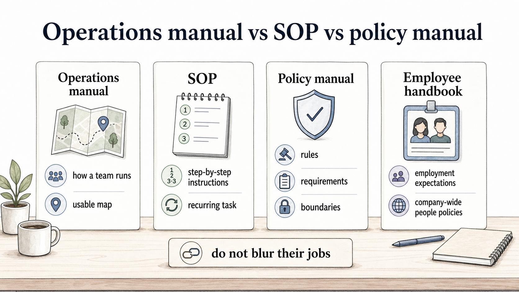 Comparison of an operations manual, SOP, policy manual, and employee handbook.