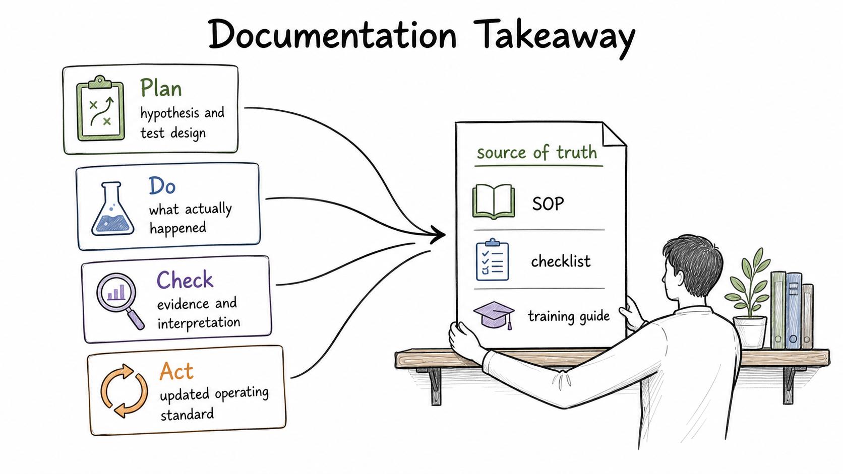 PDCA creates learning; documentation makes that learning durable by turning the result into the source of truth.