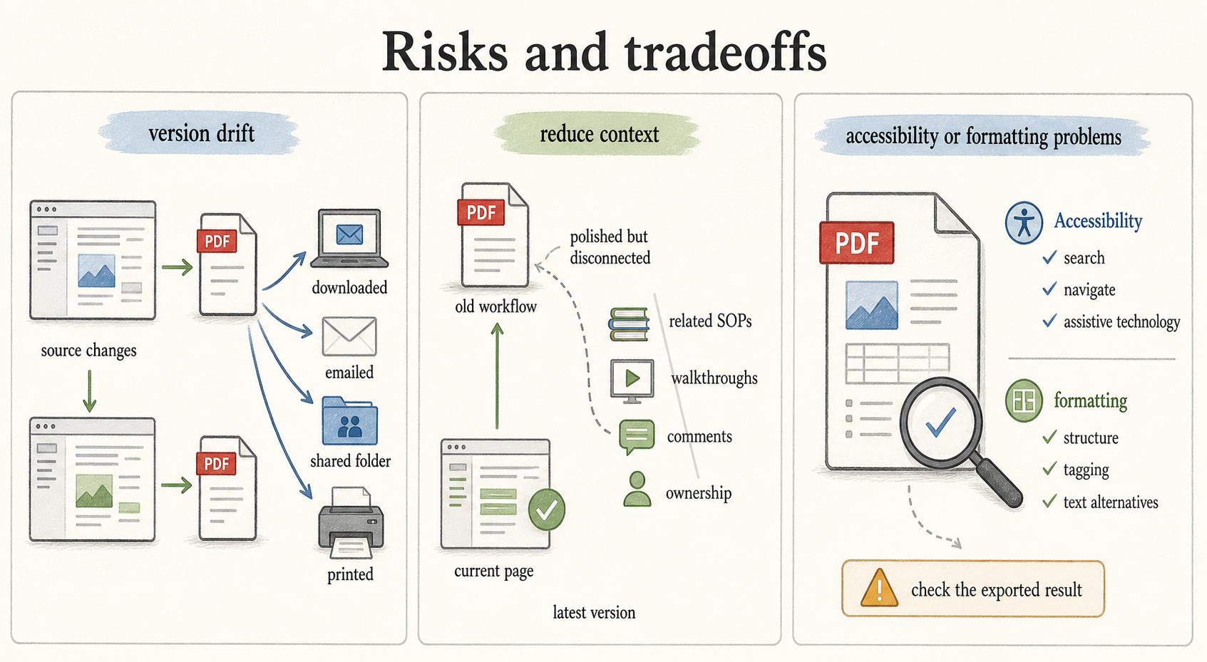PDF exports can drift from the source, lose workflow context, and require checks for formatting and accessibility.