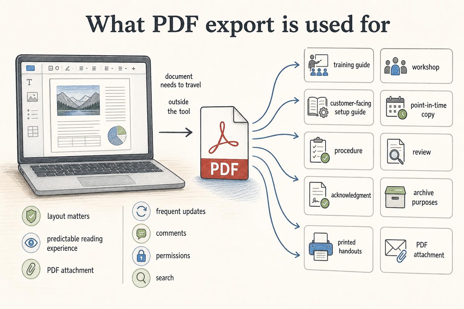 PDF export turns a source document into a stable file for sharing, printing, review, acknowledgment, or archiving.