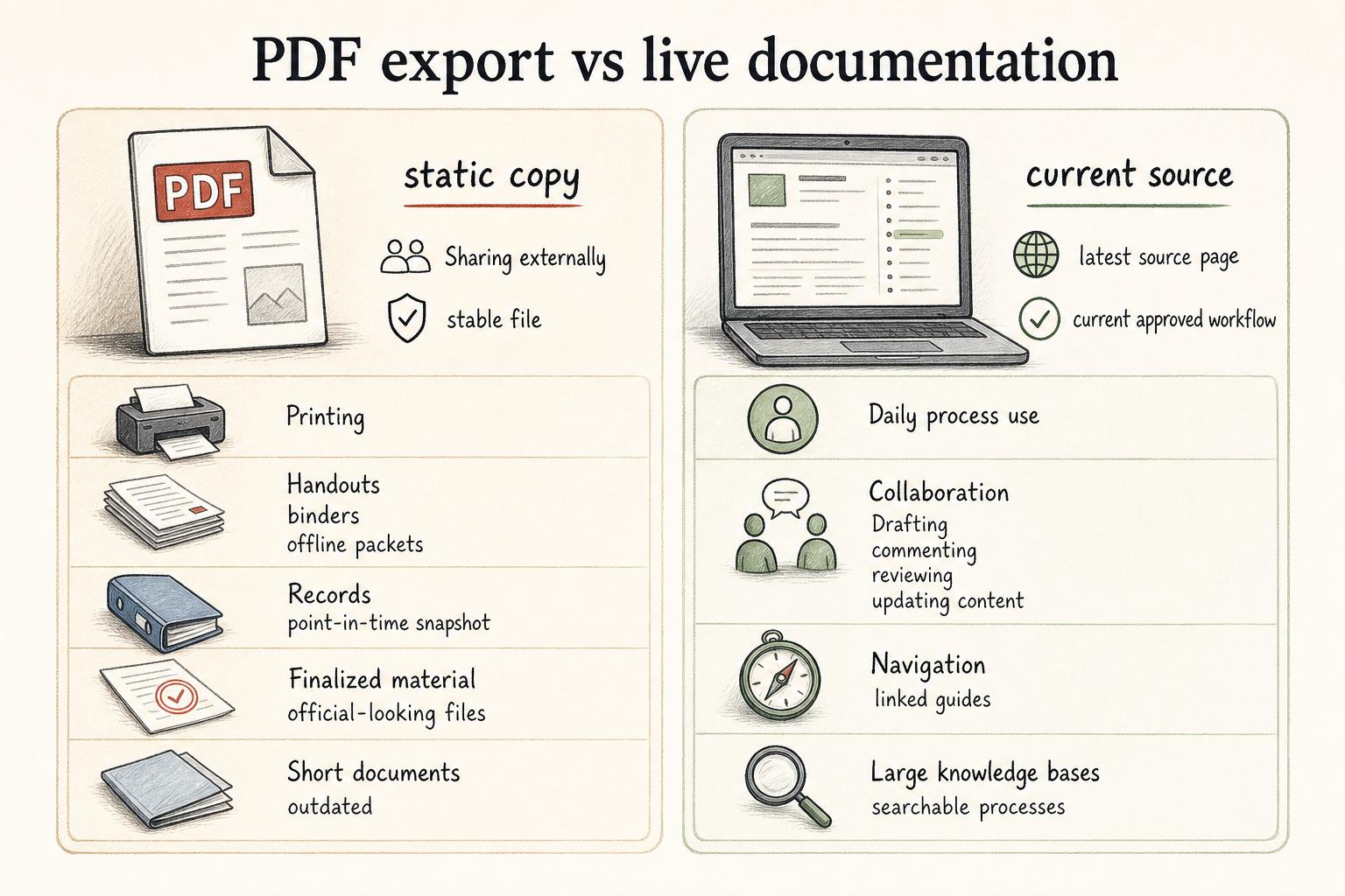 Use PDF export when readers need a static copy; use live documentation when they need the current source.