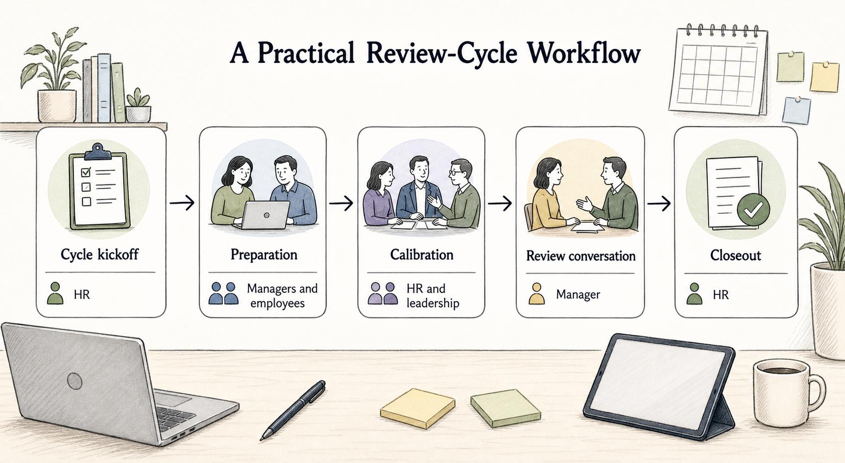 A clear SOP turns the review cycle into owned handoffs from cycle kickoff through preparation, calibration, review conversations, and closeout.
