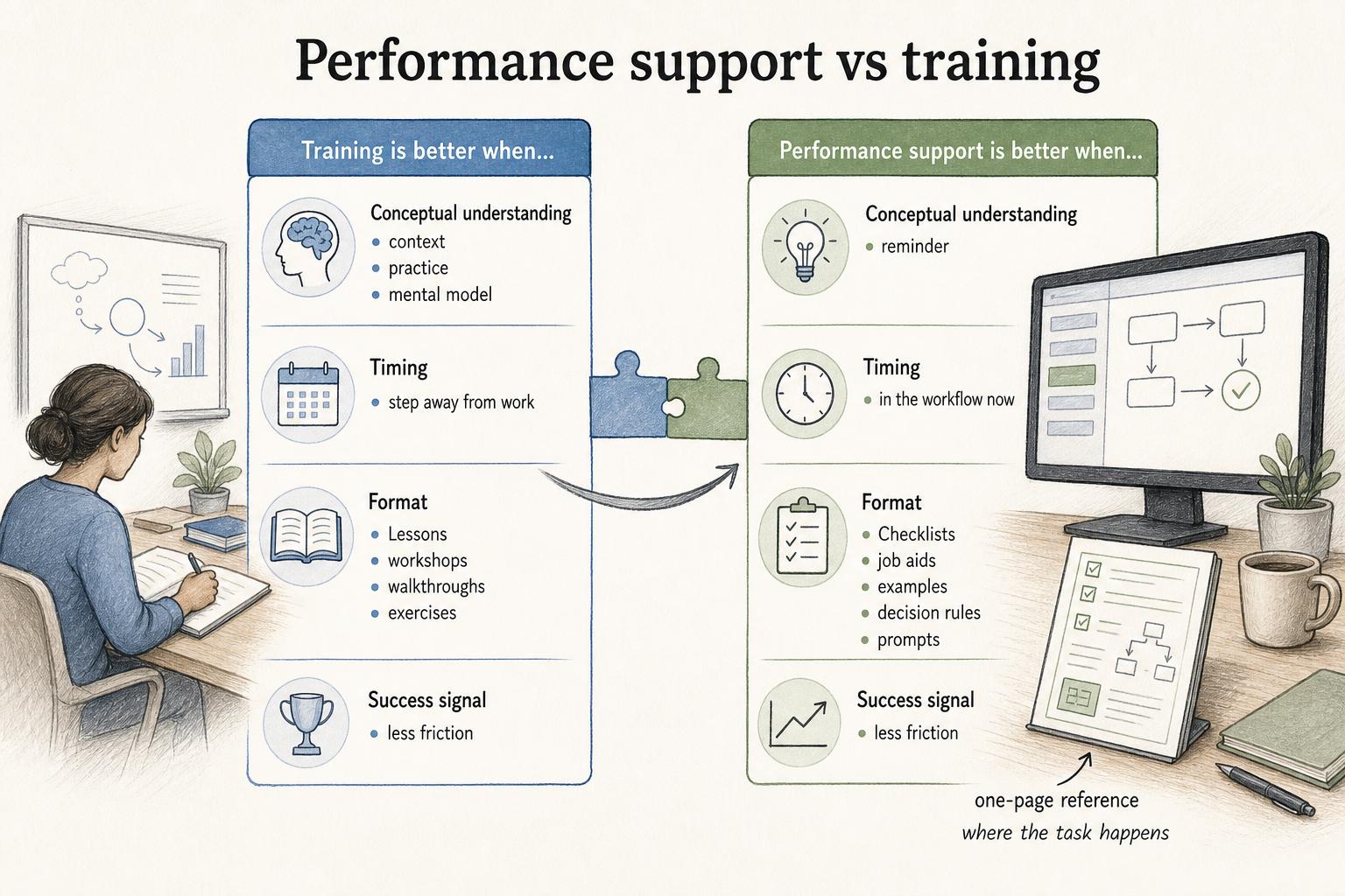 Training prepares people before the work, while performance support helps them complete the task during the workflow.