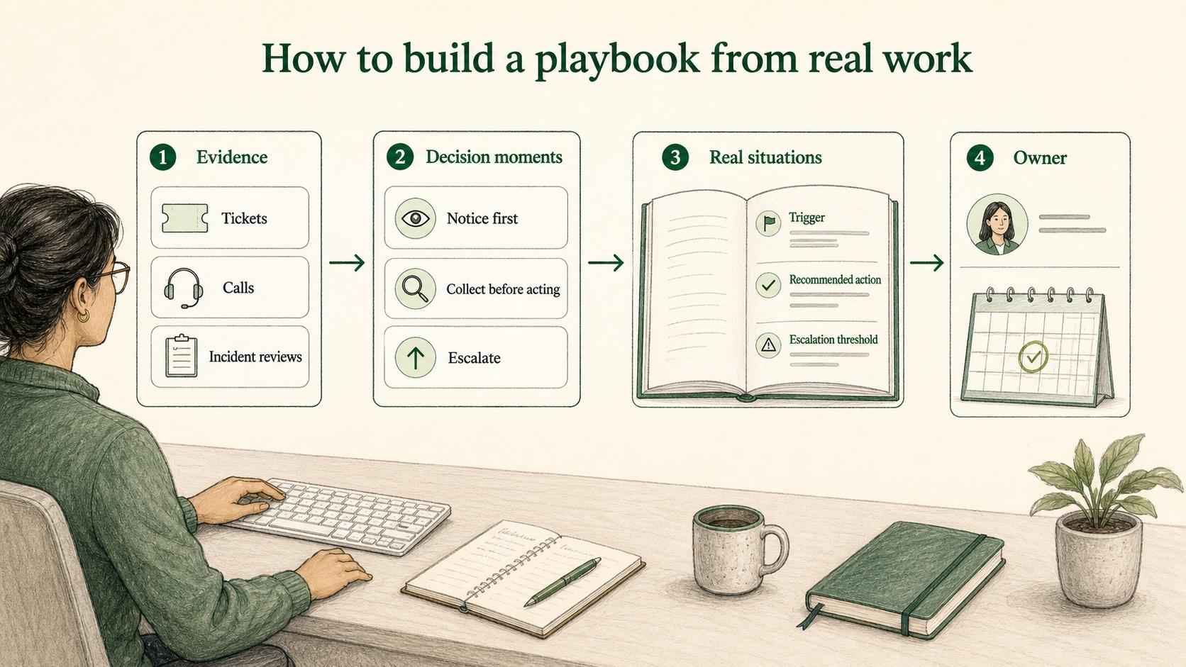 Strong playbooks come from real evidence: tickets, calls, reviews, decision moments, and clear ownership.
