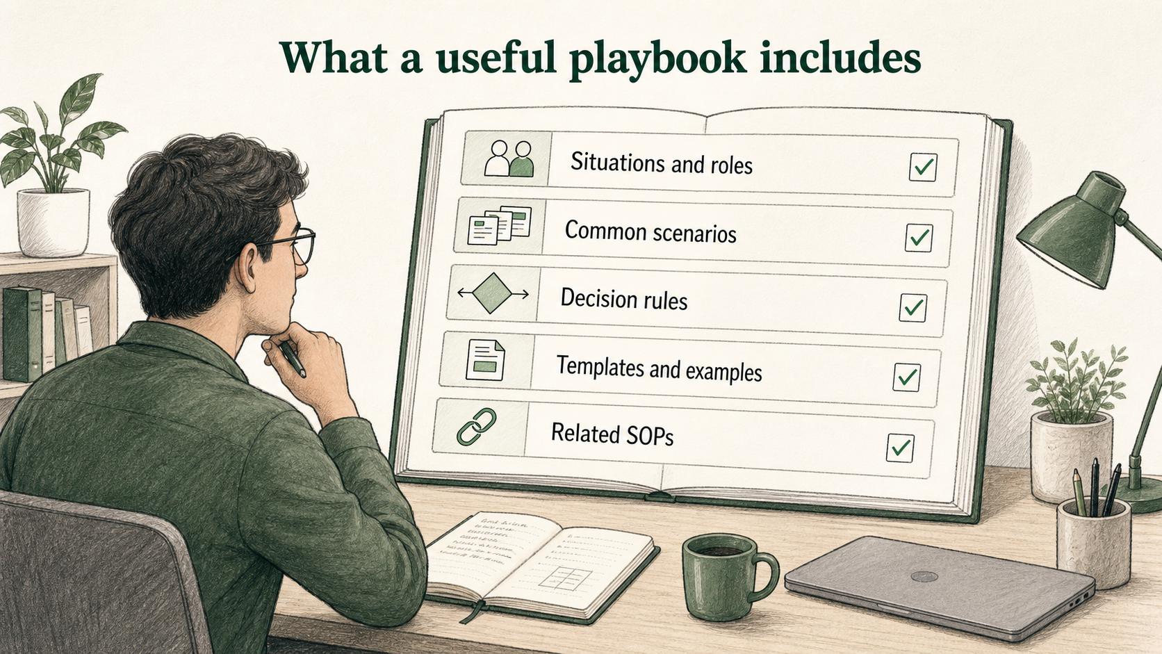 A useful playbook makes scenarios, decision rules, templates, examples, and related SOPs visible during real work.