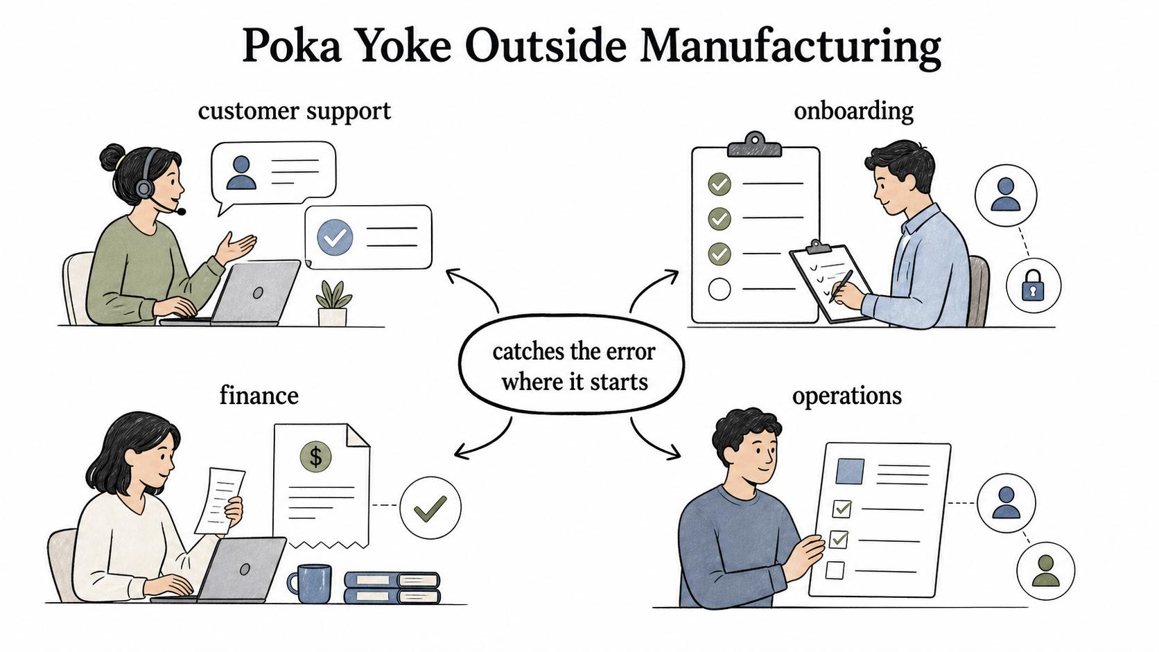 Poka yoke works anywhere repeatable work can fail in predictable ways.
