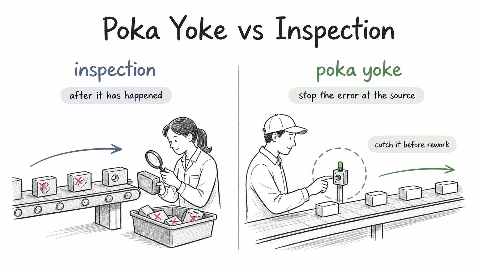 Inspection finds defects after work happens; poka yoke catches errors before they create rework.