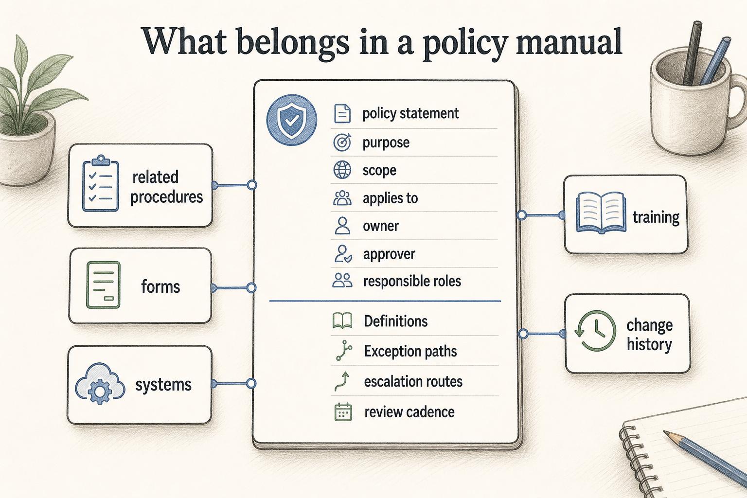 A useful policy manual explains the policy, scope, ownership, exceptions, review cadence, and links to related procedures.