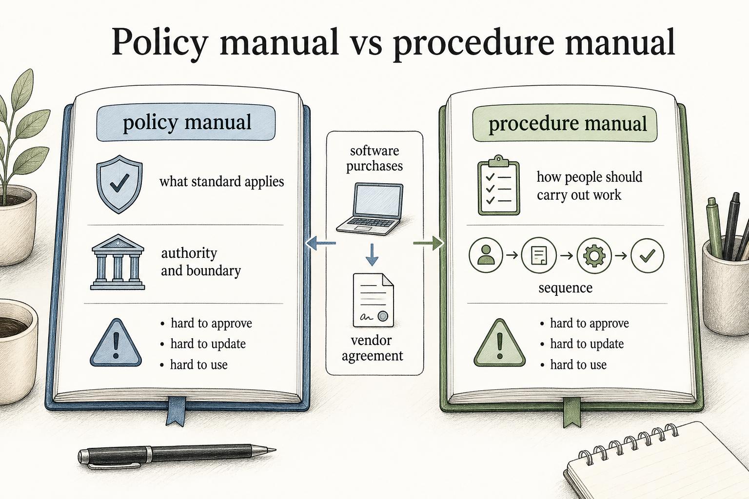 A policy manual defines the standard and boundary, while a procedure manual explains the sequence for carrying out the work.