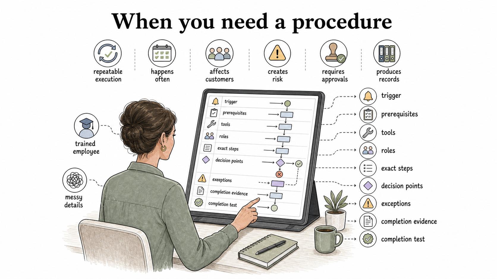 Use a procedure when employees need repeatable execution with triggers, tools, roles, decision points, exceptions, and completion evidence.