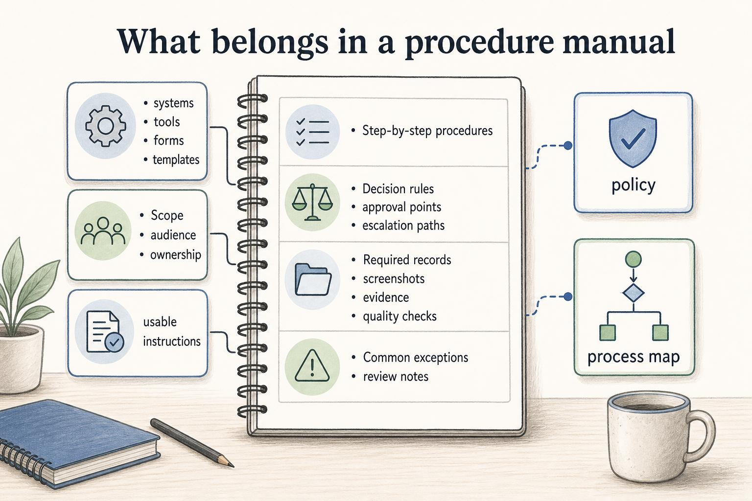 A useful manual includes the steps, tools, decisions, evidence, exceptions, and links people need to complete the work.