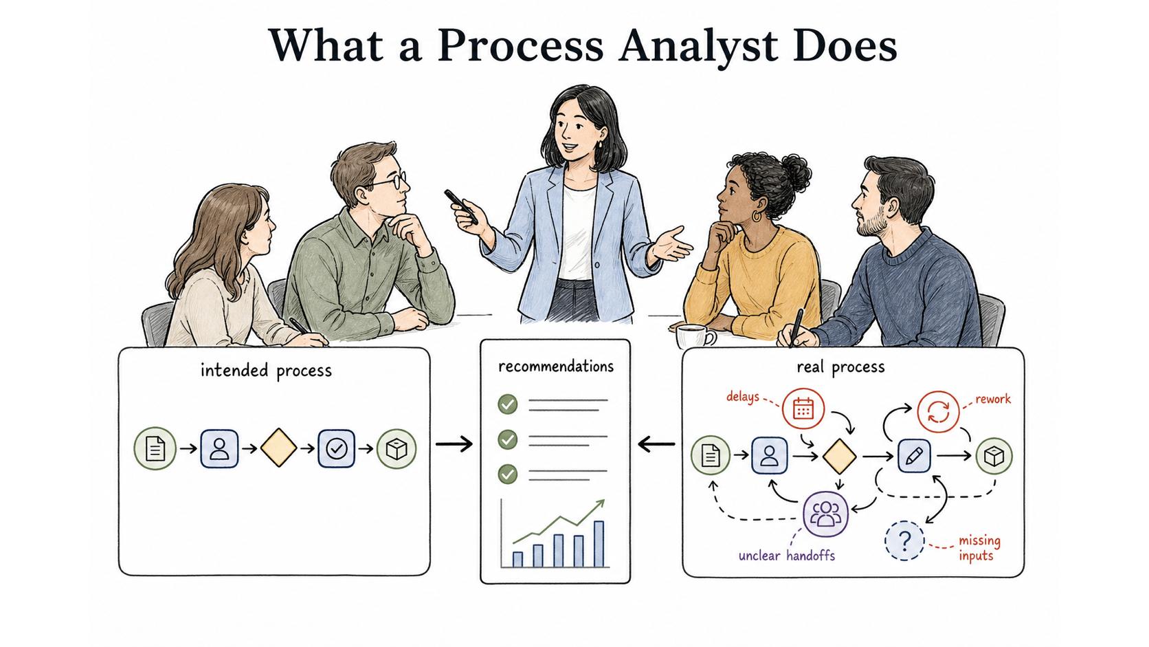 A process analyst compares the intended process with real work, then turns delays, rework, unclear handoffs, and missing inputs into recommendations.