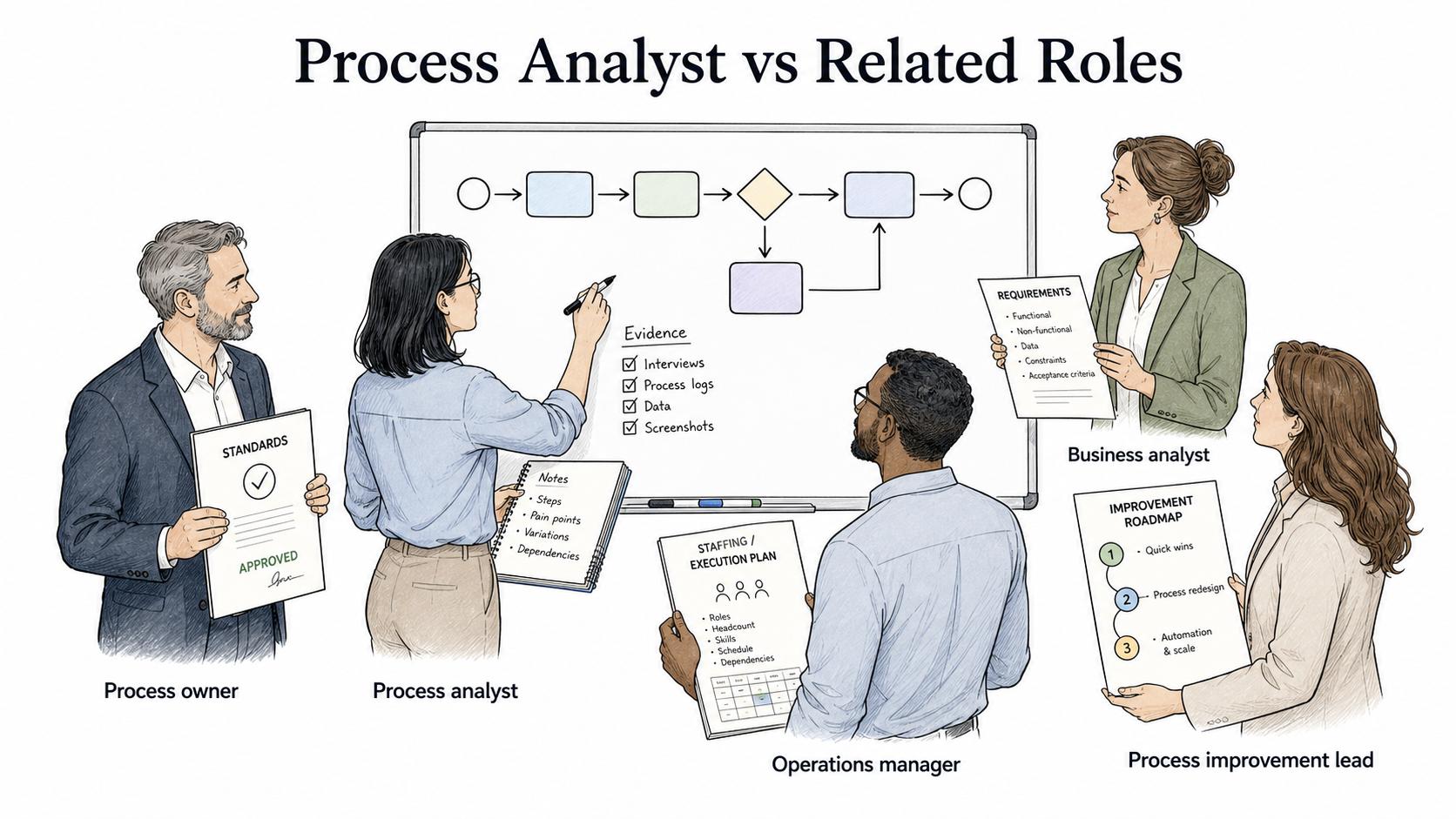 Related roles may overlap, but each one answers a different process question.