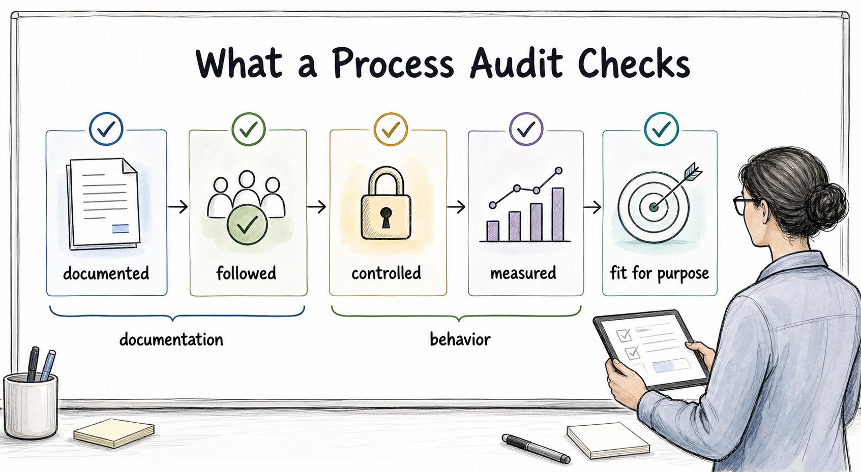 A practical process audit checks whether the process is documented, followed, controlled, measured, and still fit for purpose.