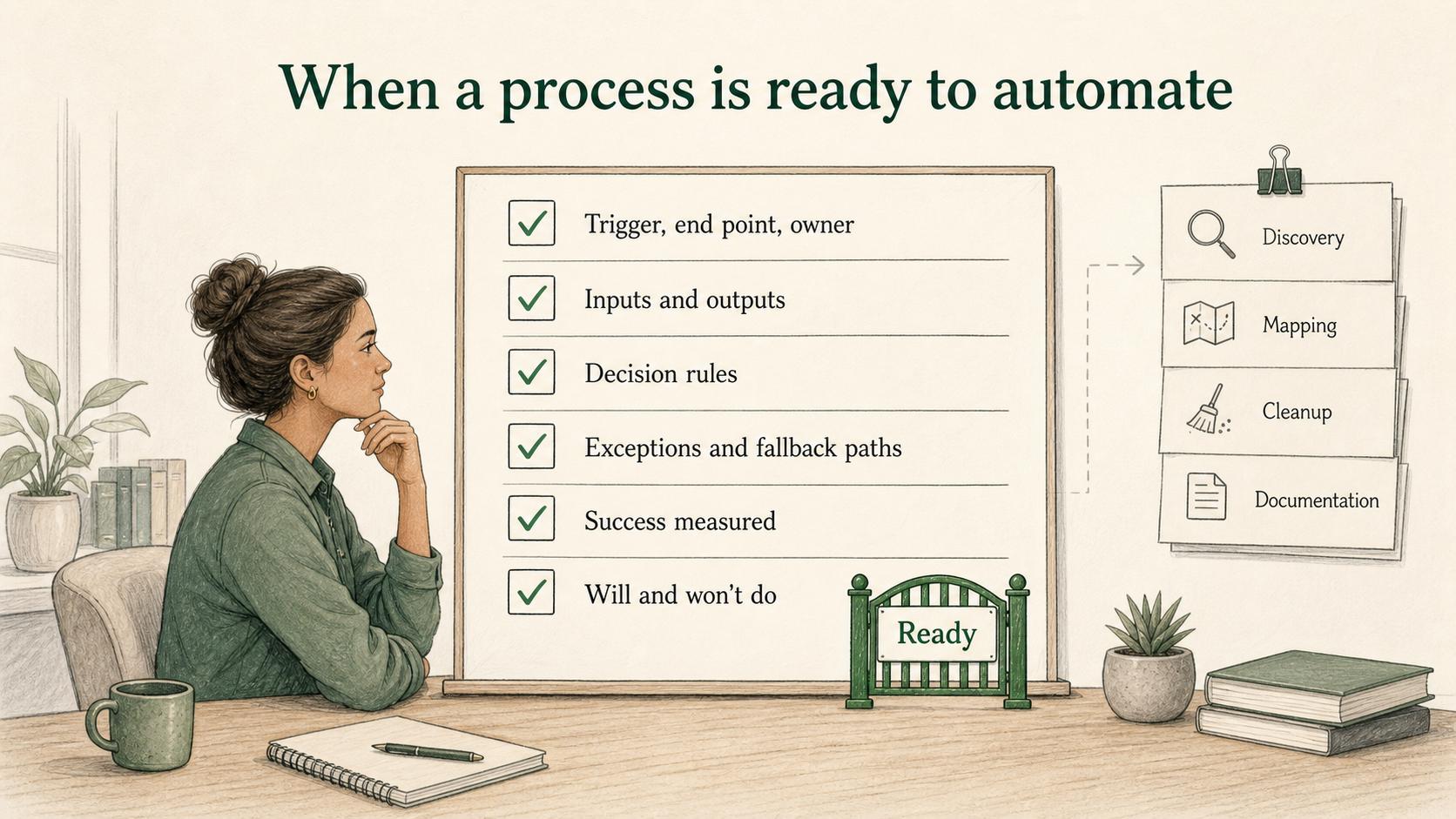 A process is ready to automate when its trigger, owner, inputs, rules, exceptions, and success measures are clear.