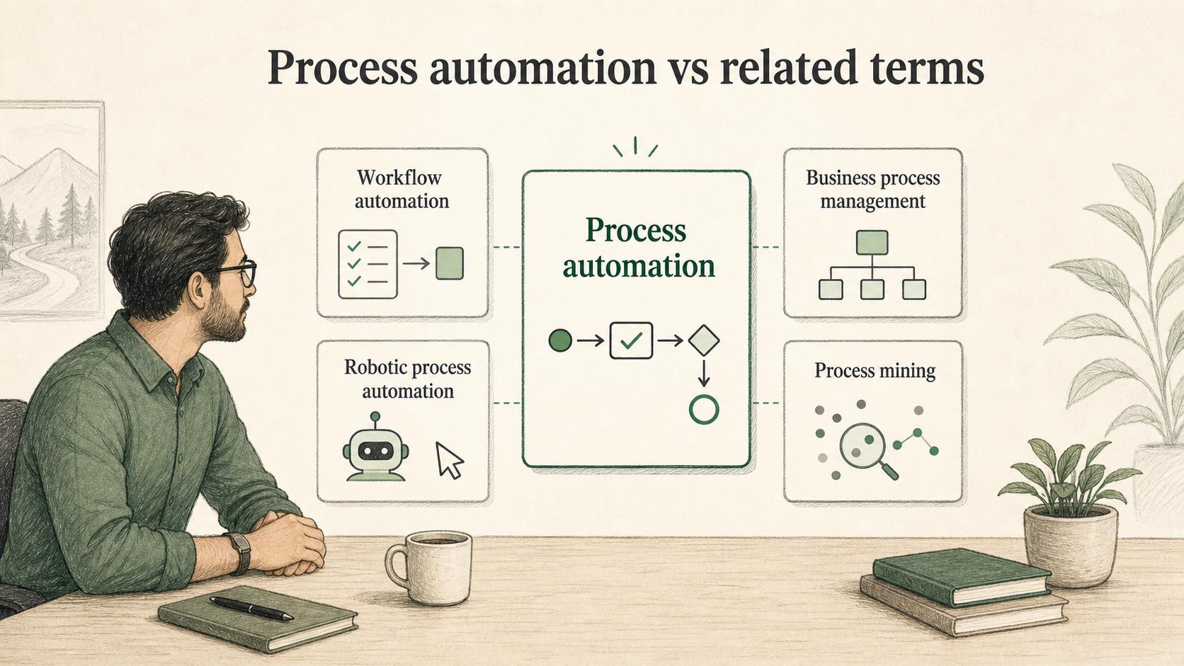 Process automation focuses on automating steps across a defined business process, while related terms describe task movement, governance, bots, or process discovery.