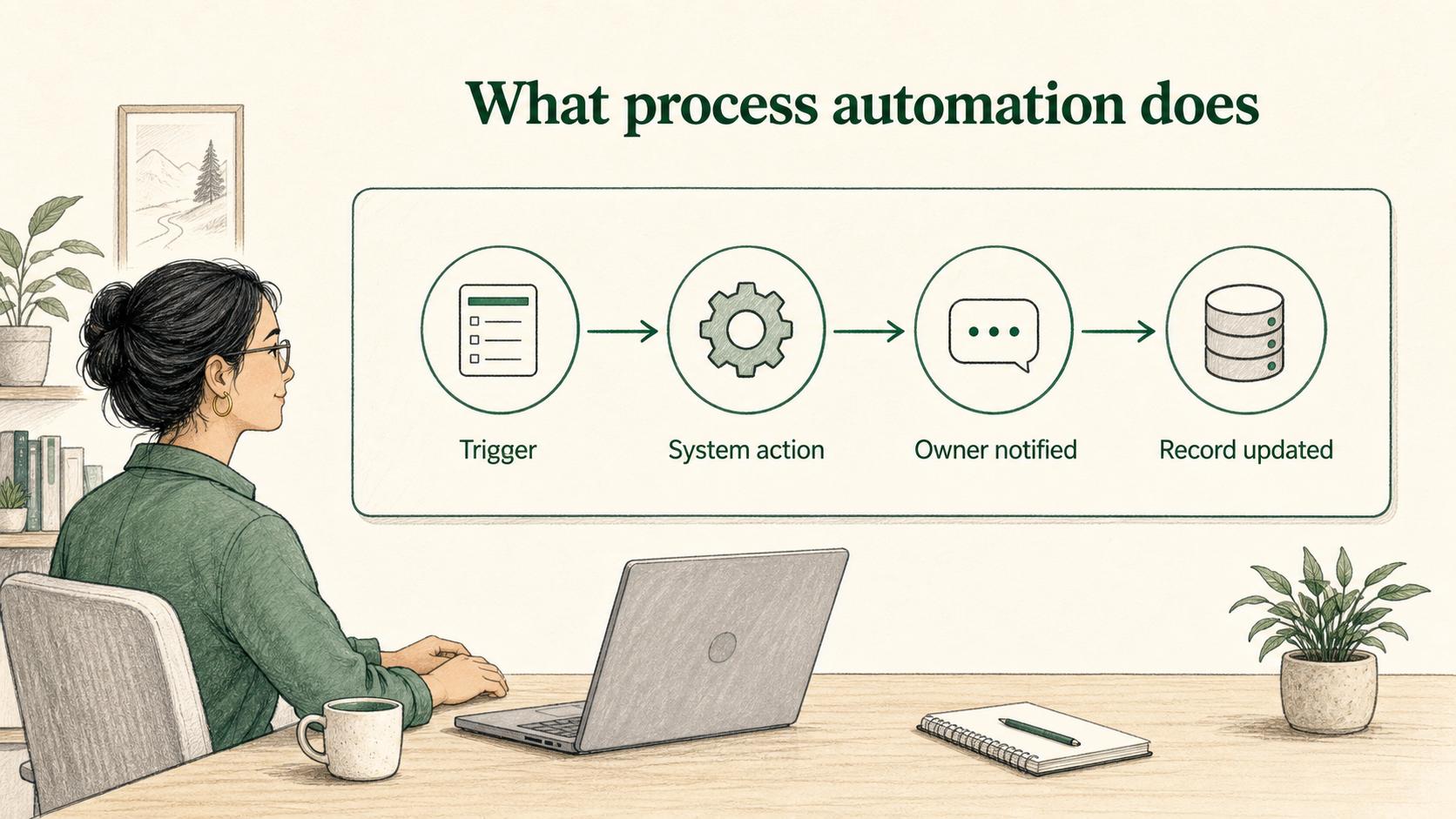 Process automation turns clear triggers and rules into predictable system actions, so work moves forward without manual follow-up.