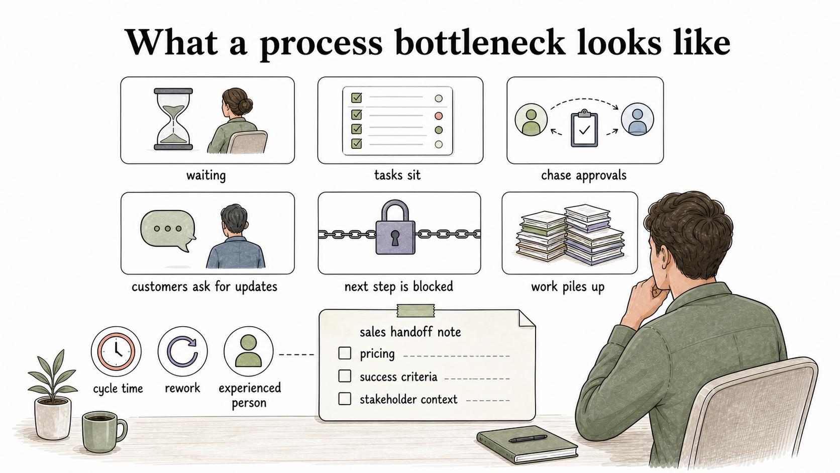 Bottlenecks often show up as waiting, blocked next steps, approval chasing, rework, and missing handoff context before they become visible failures.
