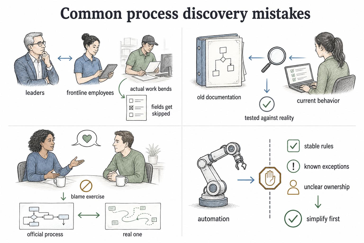 Process discovery fails when teams rely only on leaders, trust old documentation, create blame, or automate too soon.