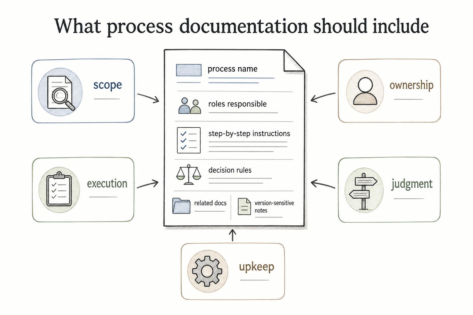 A process document captures the owner, trigger, steps, decisions, tools, exceptions, and review cadence.