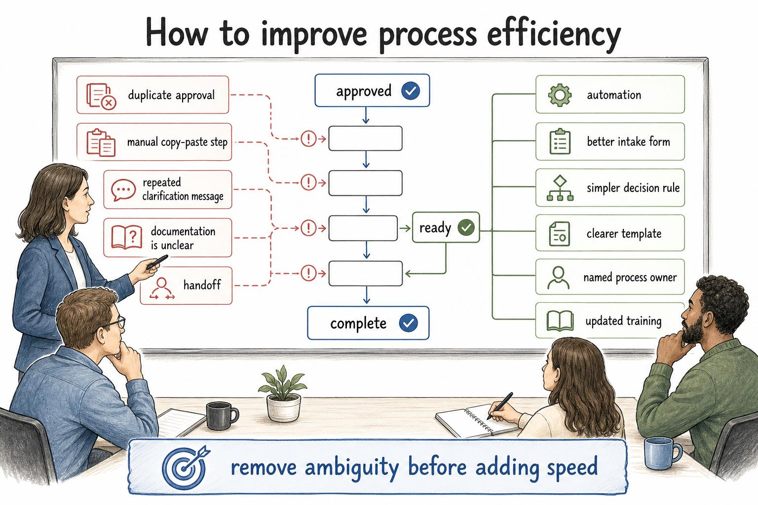 Improve process efficiency by finding effort that does not add value and matching the fix to the real problem.