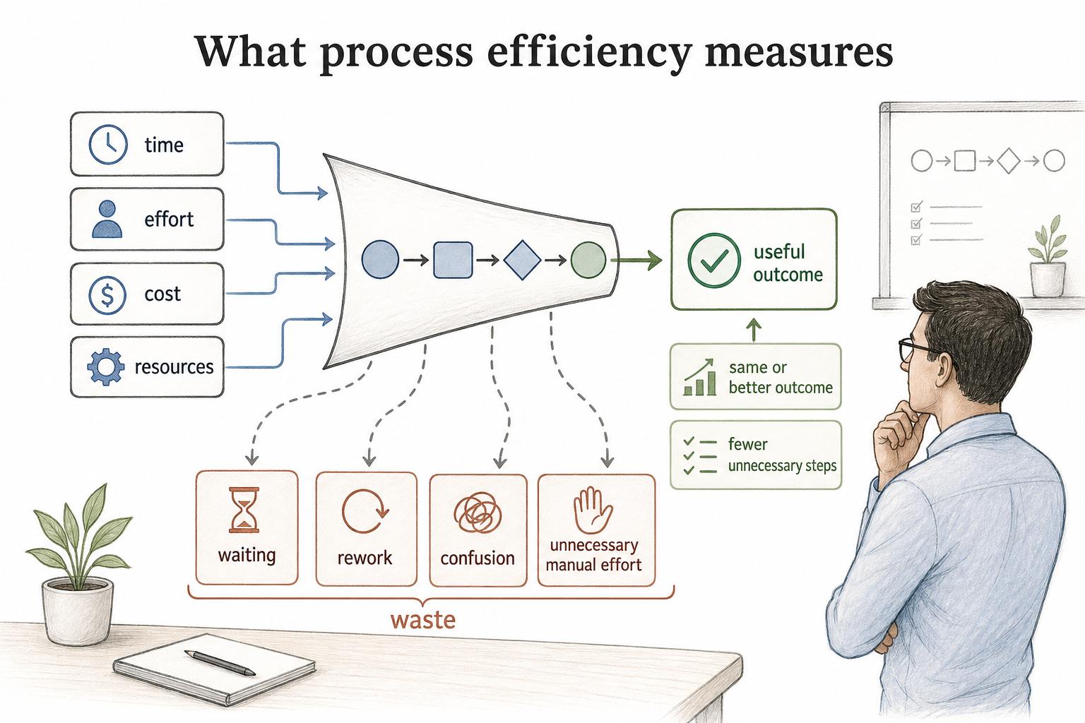 Process efficiency compares workflow inputs with outputs to produce the same or better outcome with less waste.