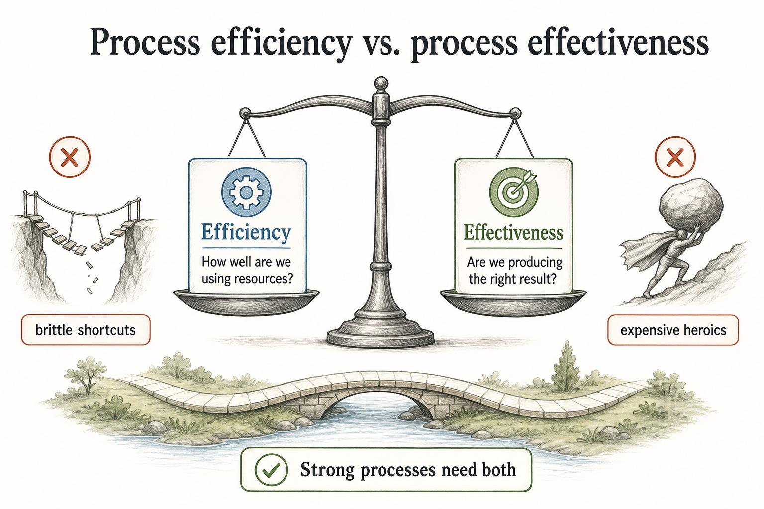 Efficiency asks how well resources are used while effectiveness asks whether the process produces the right result.