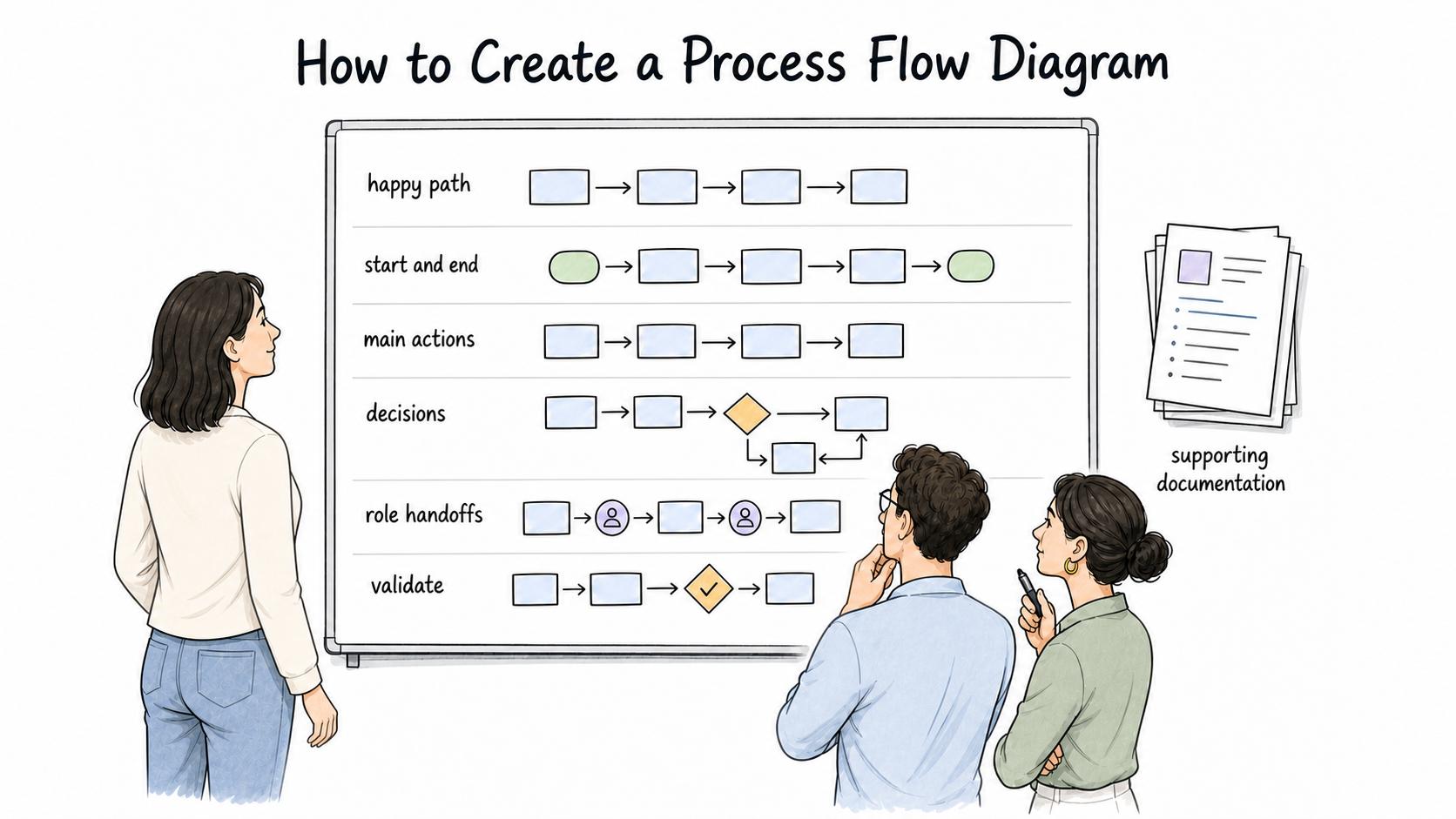 Start with the happy path, then add decisions, handoffs, validation, and supporting documentation.