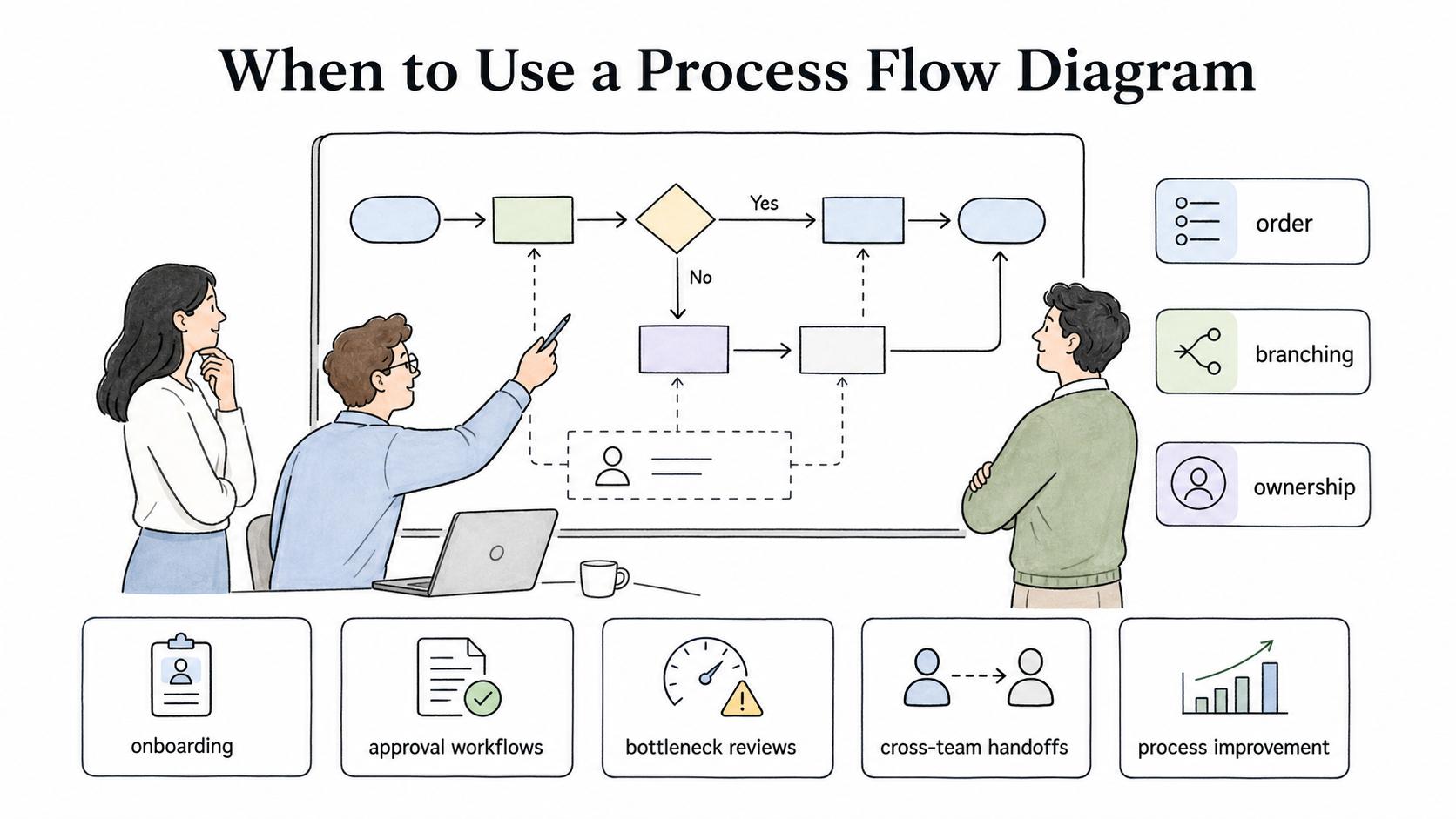 Use a process flow diagram when people keep misunderstanding order, branching, or ownership.