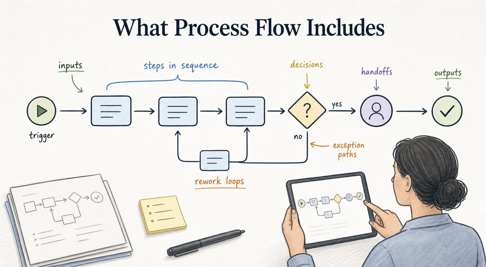 Process flow shows how work moves from a trigger to a finished outcome, including steps in sequence, inputs, outputs, decisions, handoffs, exception paths, and rework loops.
