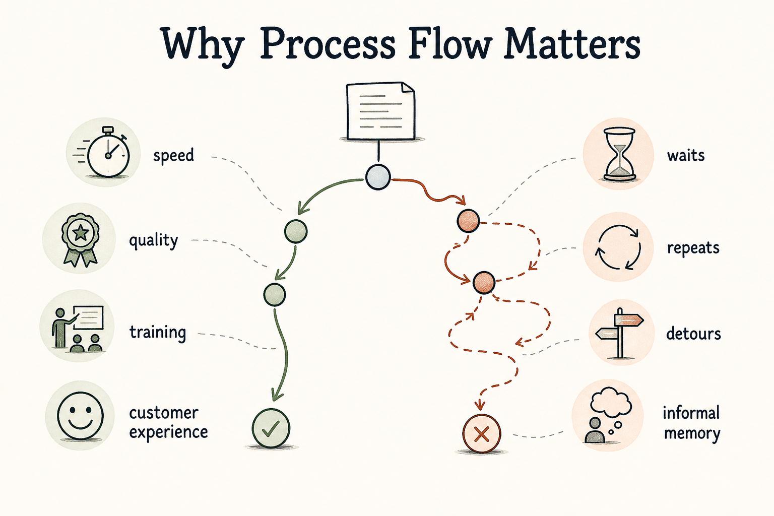 Clear process flow improves speed, quality, training, and customer experience by reducing waits, repeats, detours, and dependence on informal memory.