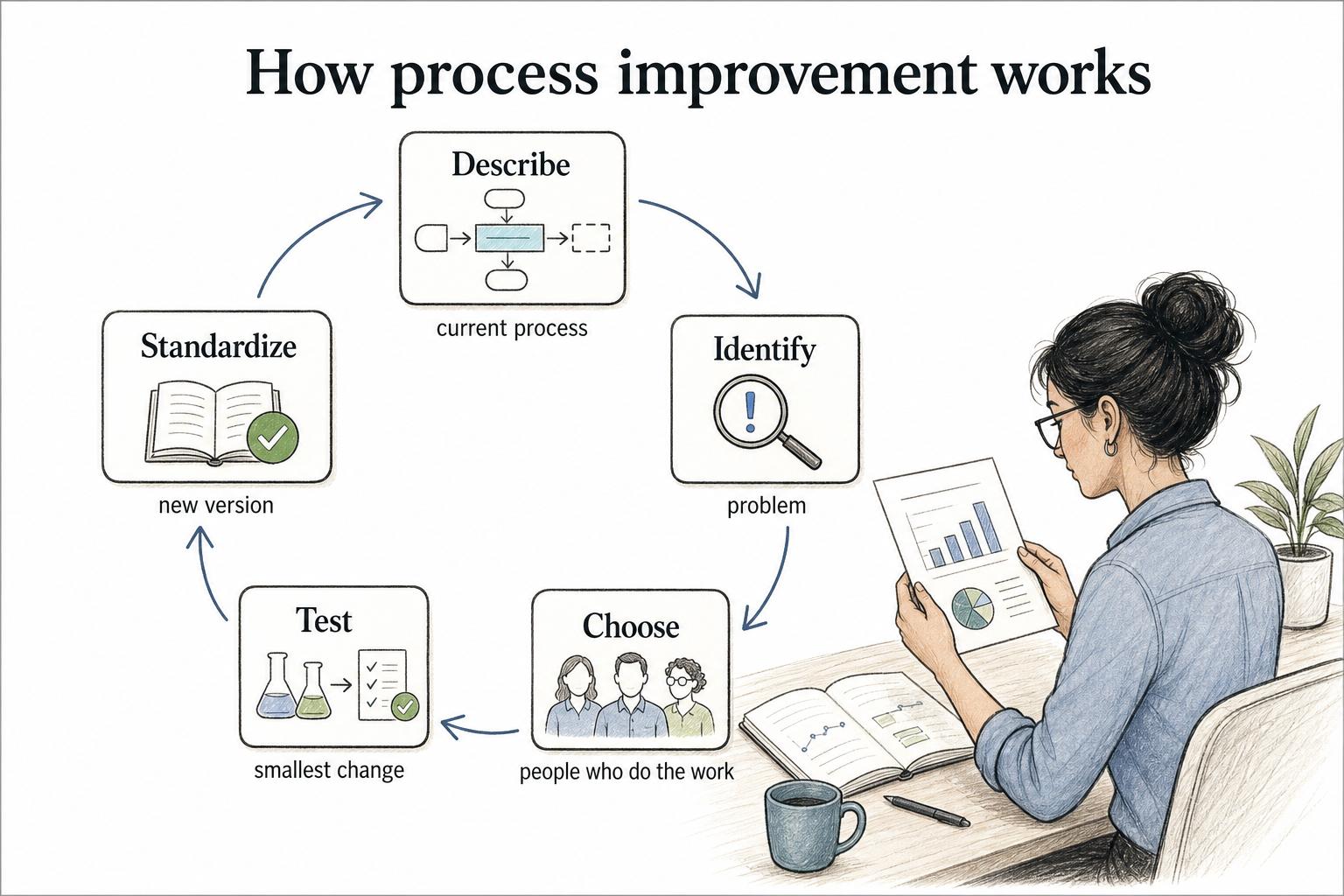 A practical cycle describes the current process, identifies the problem, chooses the smallest useful change, tests it with the people doing the work, and standardizes the new version.