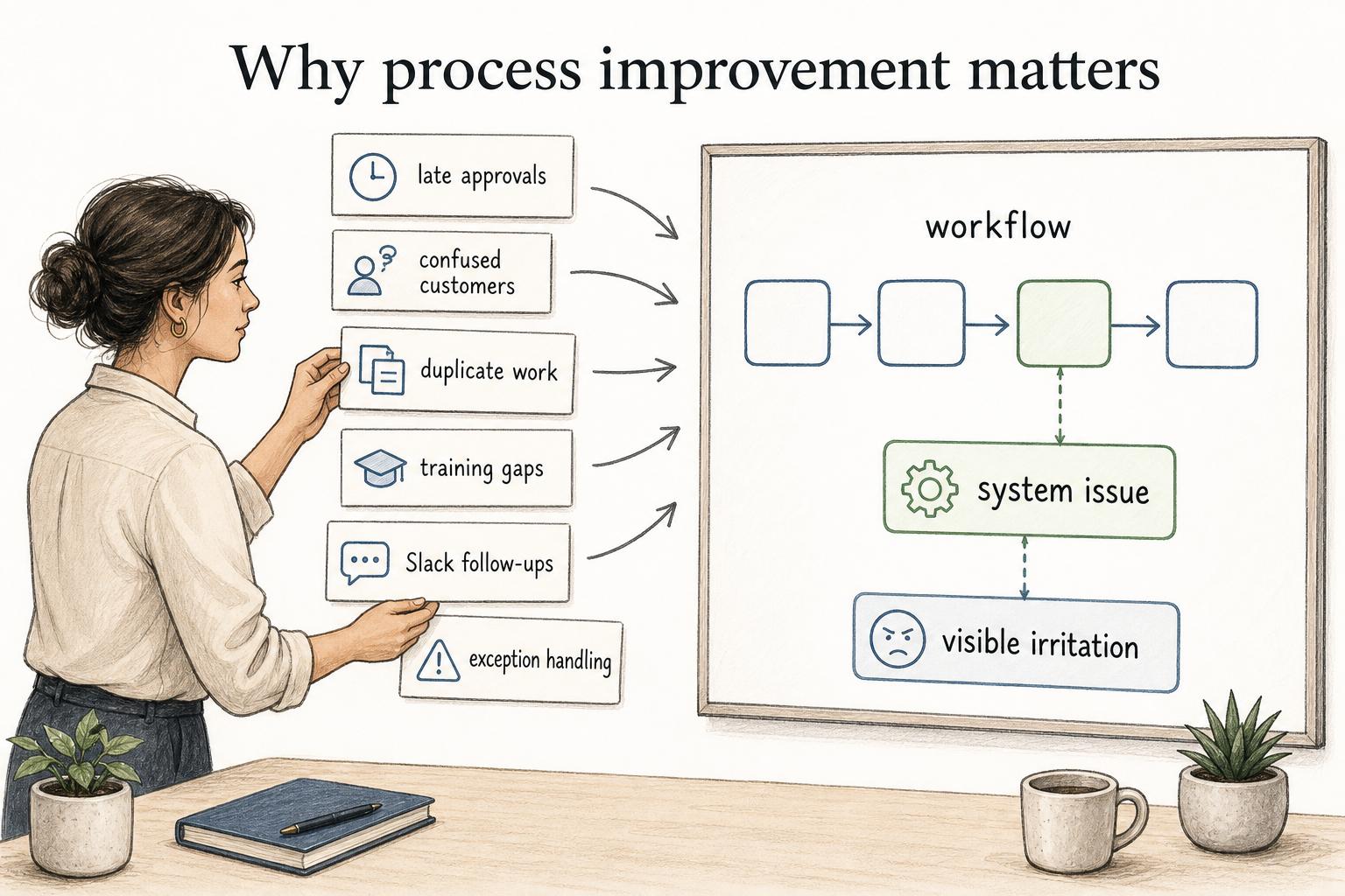 Process improvement turns symptoms like late approvals, duplicate work, and training gaps into a sharper question about the workflow issue causing them.