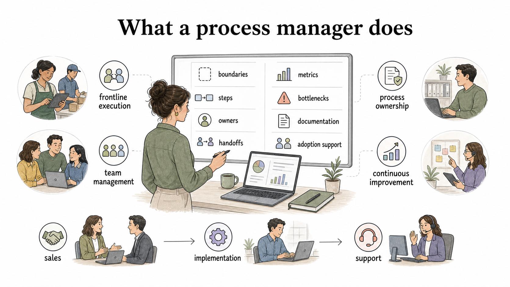 A process manager keeps the workflow clear, measured, documented, and improving across handoffs, bottlenecks, ownership, and adoption support.