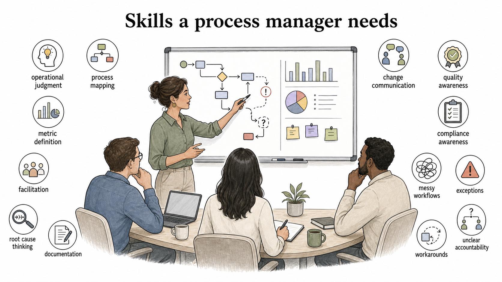 Strong process managers combine operational judgment, process mapping, metrics, facilitation, documentation, and change communication to handle messy workflows.