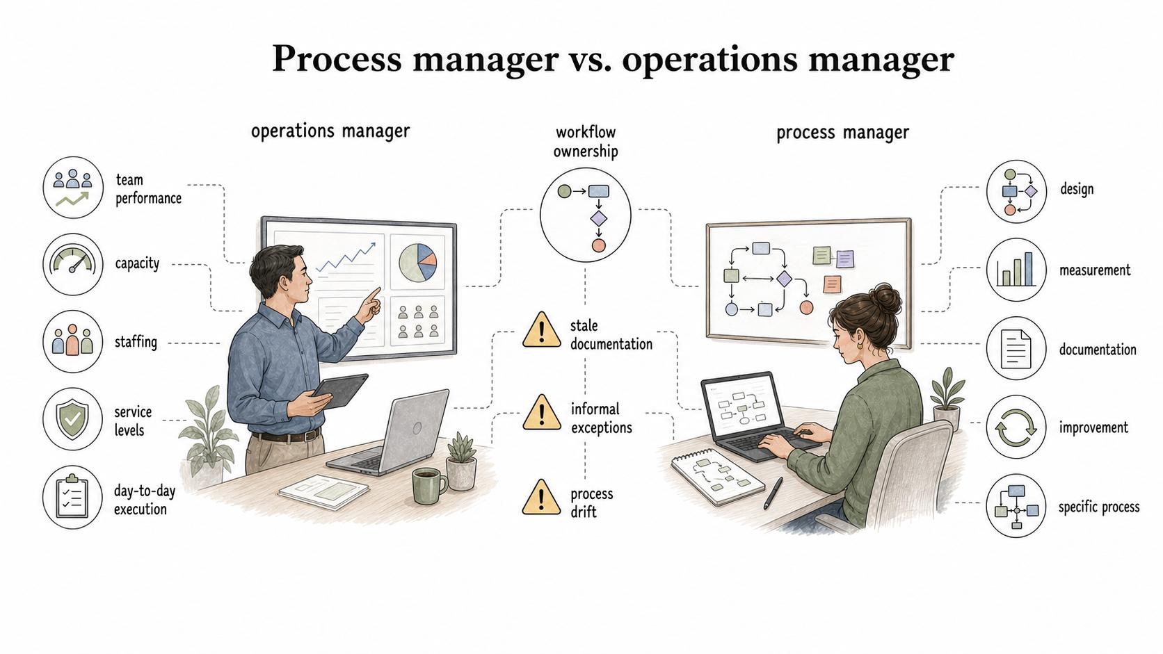 Operations managers oversee broader team execution, while process managers focus on workflow design, measurement, documentation, and improvement.