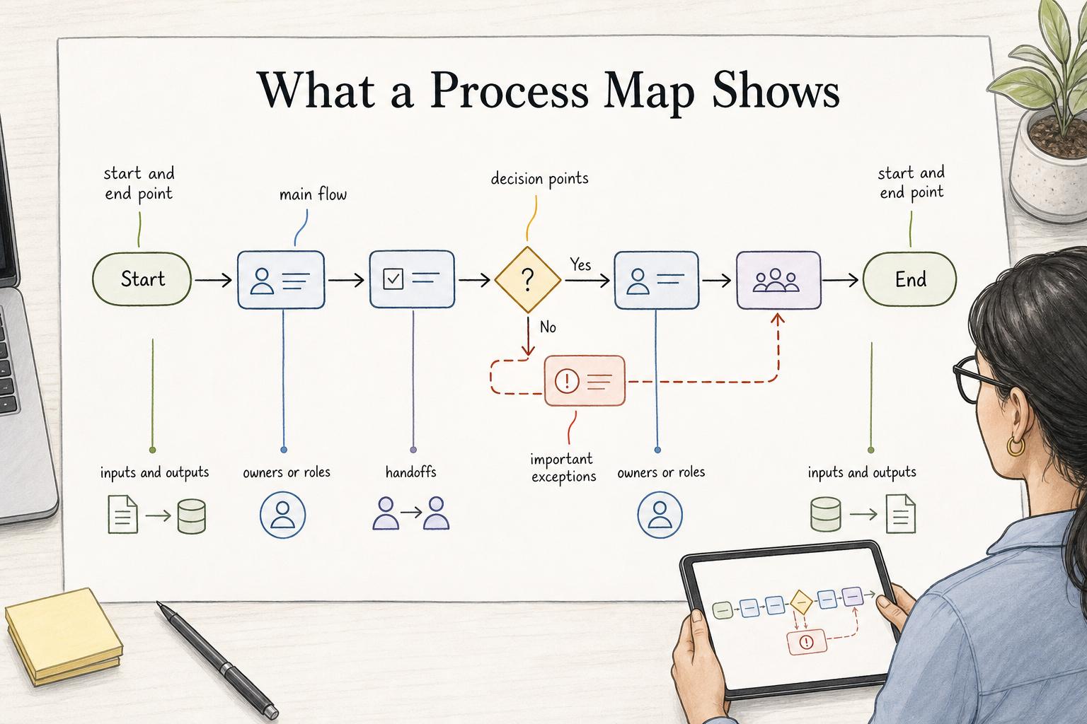 A process map shows the start and end point, main flow, decision points, owners or roles, handoffs, inputs and outputs, and important exceptions in one shared view.