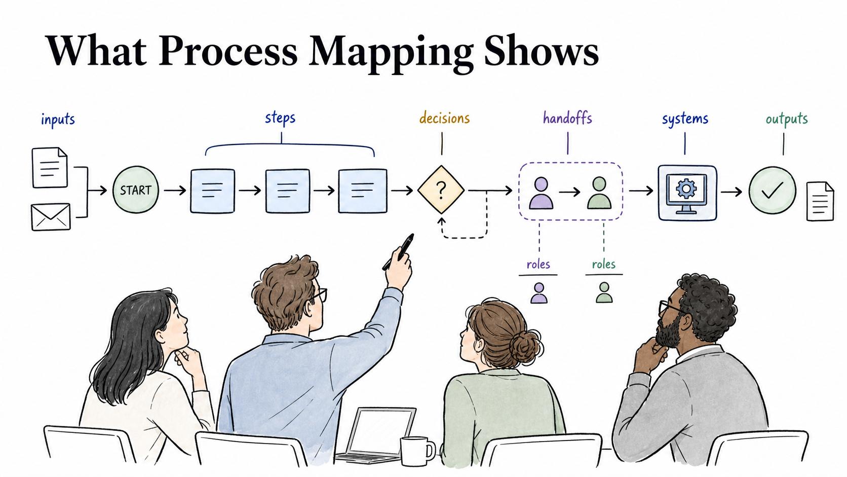 Process mapping gives the team a shared view of the steps, decisions, handoffs, roles, systems, inputs, and outputs that make up the workflow.
