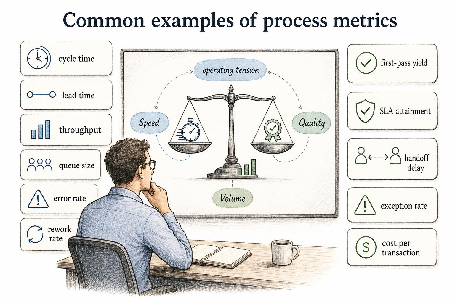 Common process metrics include cycle time, lead time, throughput, queue size, error rate, rework rate, and SLA attainment.