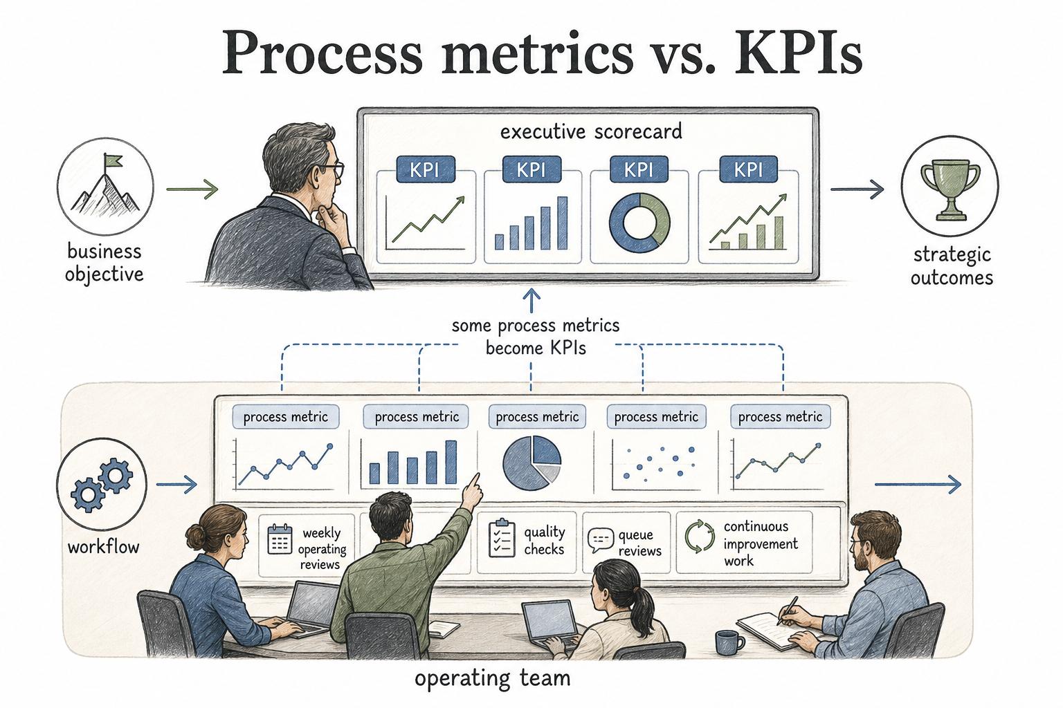 A process metric measures part of a workflow; a KPI measures progress against a business objective.